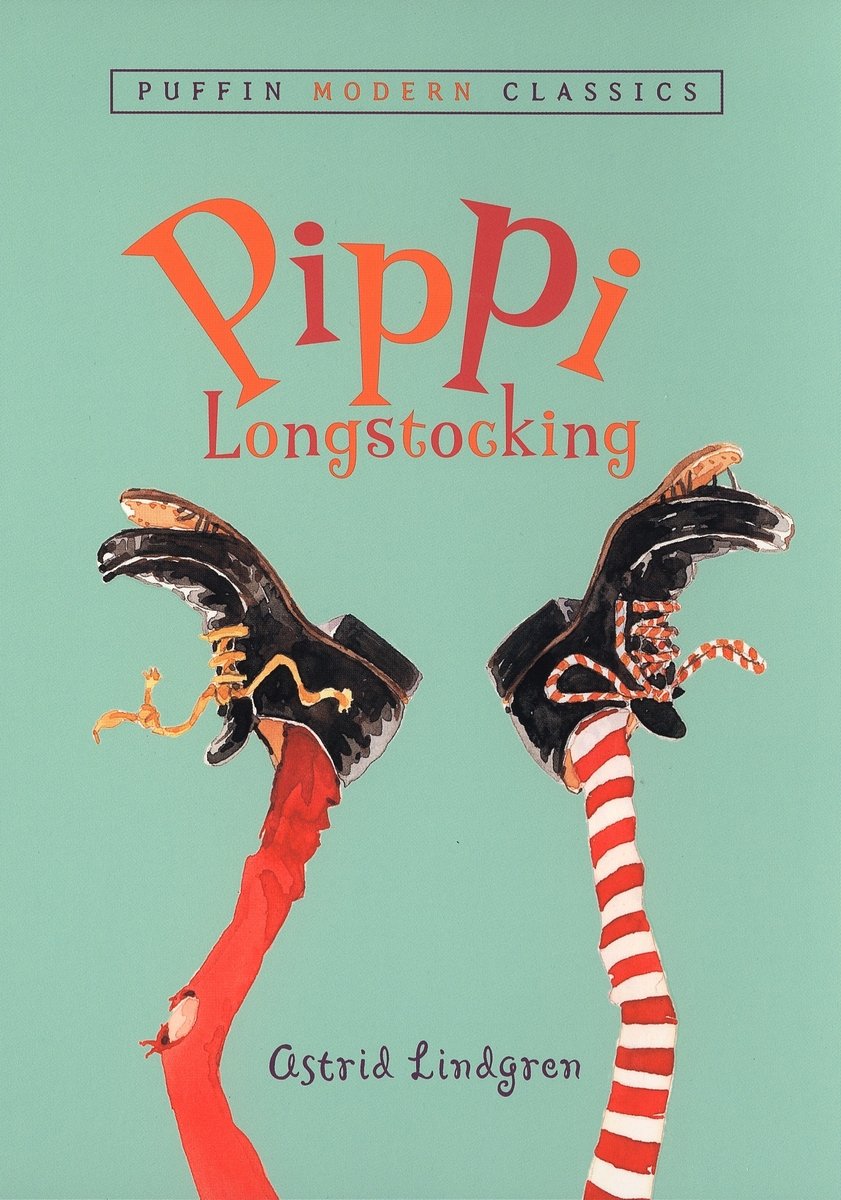 Pippi Longstocking by Astrid Lindgren. Skinny legs with mismatch stockings and shoes with the souls peeling away come up from the bottom of the book's cover, below the title text.