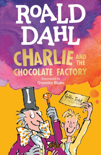 An illustration of a man wearing a top hat and a little boy holding a golden ticket. the background is yellow with purple and red watercolour clouds. The book title is written on top of the colourful clouds.