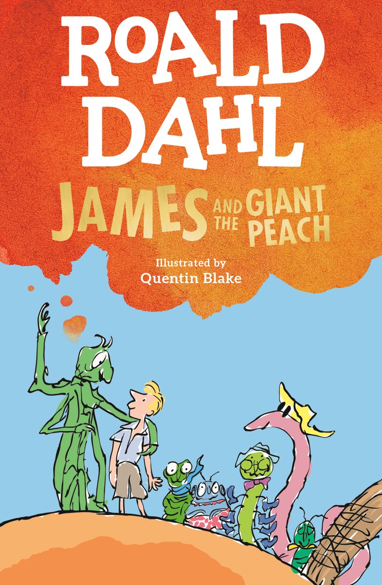 Cover of James and the Giant Peach, featuring illustrations of James standing with six insects on top of the peach.
