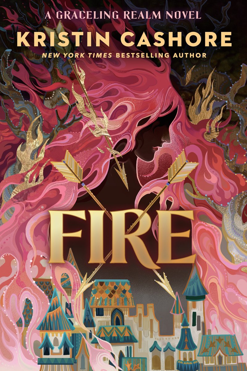 Fire by Kristin Cashore, a fantasy book cover depicting a blue, white, and orange palace surrounded by a faceless woman with red fire for hair. There are arrows through the title words of the book.