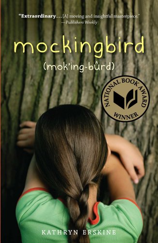 Book cover of "Mockingbird" with the phonetic pronunciation written underneath the title and a young girl with a raid in her hair and wearing a green t-shirt leaning against a tree.
