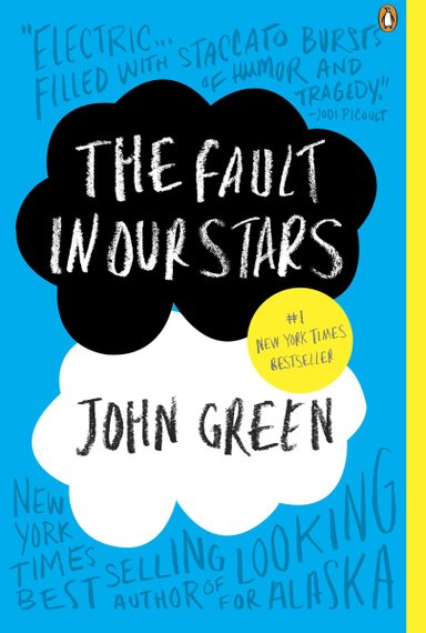 Book cover depicting the title - The Fault in our Stars - and the author's name - John Green - are capitalized in black and white cloud bubbles. Reviews are written in faint linings in the blue background.