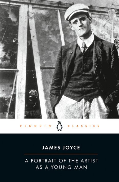A Portrait of the Artist As A Young Man by James Joyce, a literary fiction book cover with a black-and-white photograph of Joyce wearing a cap, a suede jacket and vest with a tie, and trousers with his hands in his pockets as he stares at the camera.