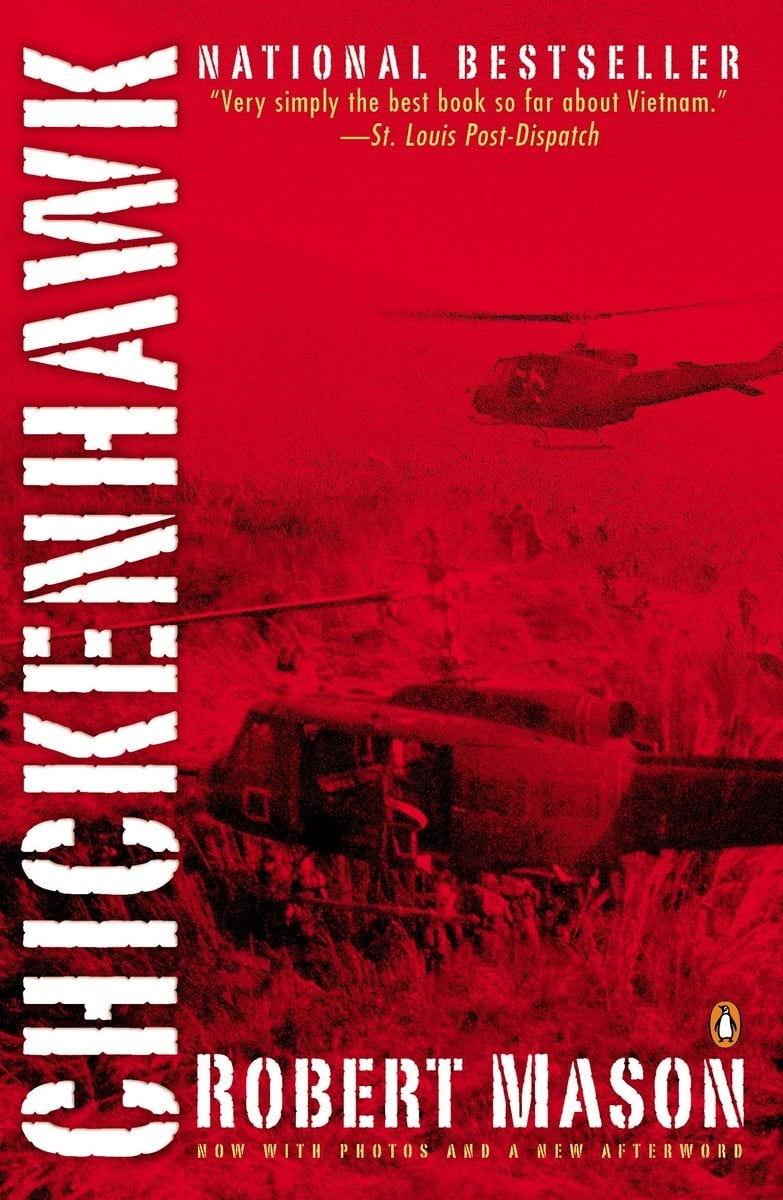 Chickenhawk by Robert Mason with a background in all red with two helicopters one in the air and one on the ground.