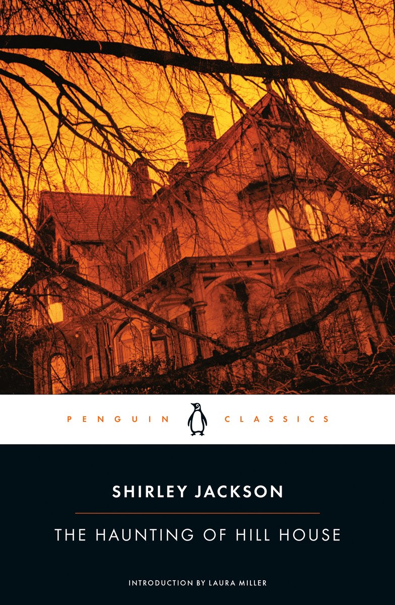"The Haunting of Hill House" by Shirley Jackson book cover depicting an eerie orange-tone photo of a mansion behind tree vines.