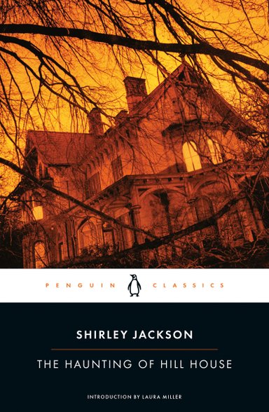 The Haunting of Hill House by Shirley Jackson, a horror book cover with an old fashioned house, slightly uneven in orientation, is shown behind bare branches of an unseen tree. The house is burnt orange most likely caused by a reflection of the sky which is a slightly lighter orange color.