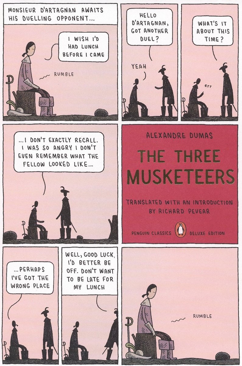 The cover of The Three Musketeers, a novel by Alexandre Dumas, with a pale pink background featuring several comic-strip-style panels along with a block of darker pink containing the title