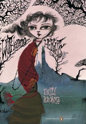 Wuthering Heights by Emily Bronte, a literary fiction book cover with an exaggeratedly drawn woman with a large head and eyes wrapped in a red shawl with her hair being blown by the wind. Around her head is a barren and twisty tree creating a bleak effect.