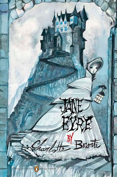Jane Eyre by Charlotte Bronte, a literary fiction drawn book cover with a young woman in a white cloak and hat with a lantern at the base of winding steps leading to an old-fashioned and ominous looking mansion at the top of the hill. The cover is in icy shades of white and blue.
