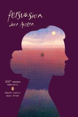 The dark purple cover of the Penguin Deluxe Edition of Persuasion by Jane Austen, with the silhouette of a the profile of a woman's face and shoulders, with a sunset.