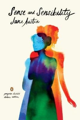 Cover of Sense and Sensibility by Jane Austen, featuring two silhouettes of women overlaid on each other on a white background