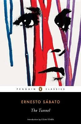"El túnel" by Ernesto Sábato book cover of a women face staring far away as her white painted face is dripped by other colors. Blue, red, and purple draw down over the woman's face.