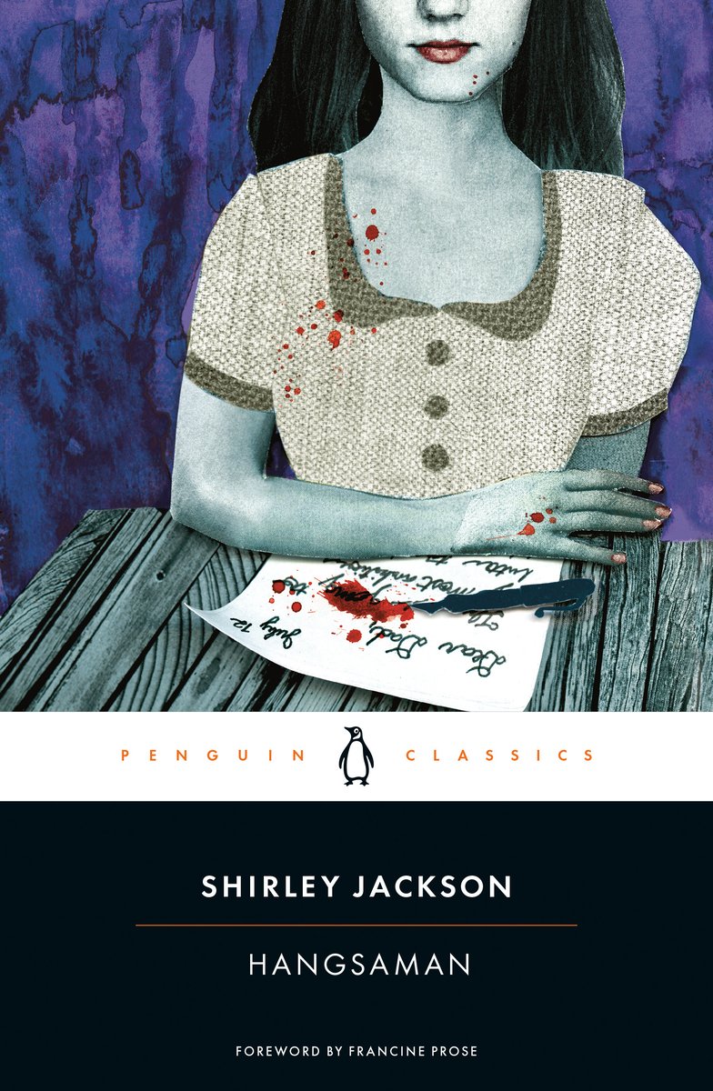 Book cover of Hangsaman by Shirley Jackson. This cover features a girl sitting at a table with a bloodied pen and letter in front of her. The background is purple.