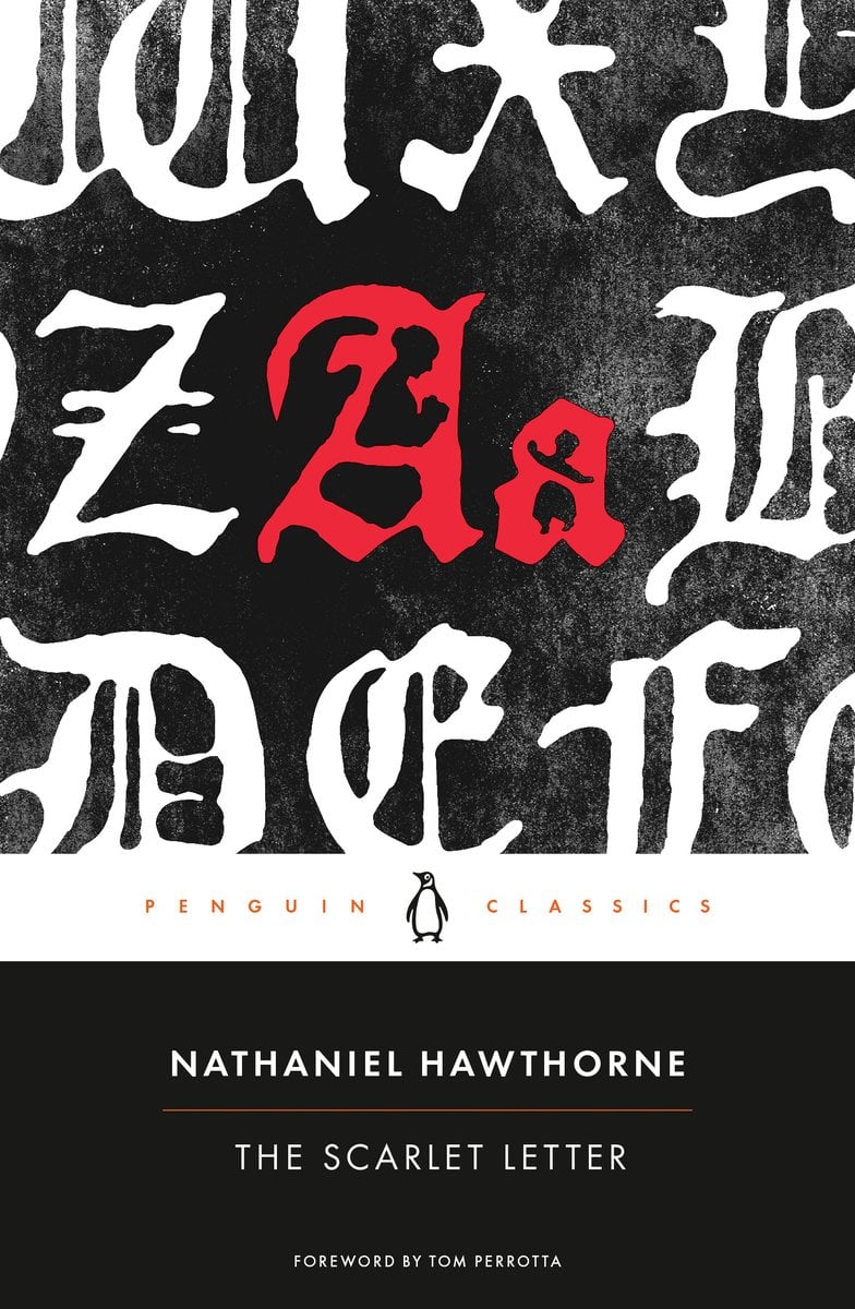 The book cover for The Scarlet Letter by Nathaniel Hawthorne. A black faded background with multiple letters featured in a white Gothic font. In the center, a capital and lowercase "A" are both in red.