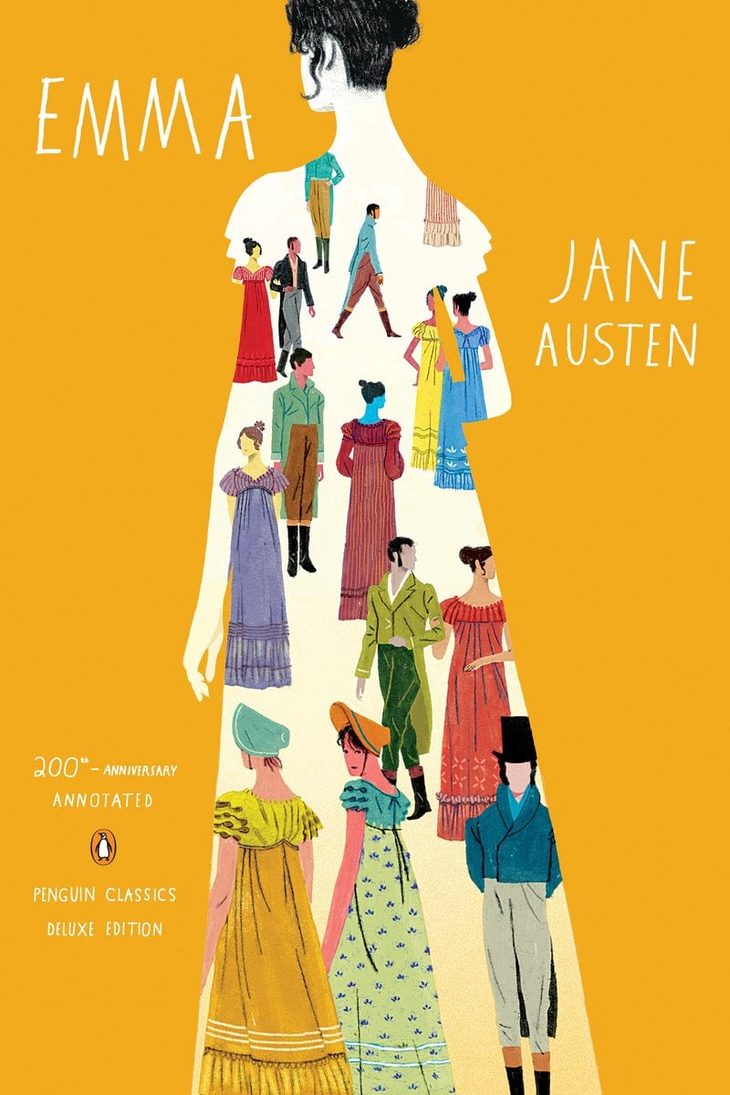 The Penguin Deluxe cover of Emma by Jane Austen, with a yellow background and the silhouette of a dark haired woman, in which there are illustrations of other characters