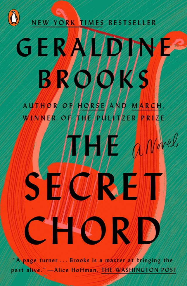 The Secret Chord by Geraldine Brooks, historical fiction novel depicting a red harp and a green background.