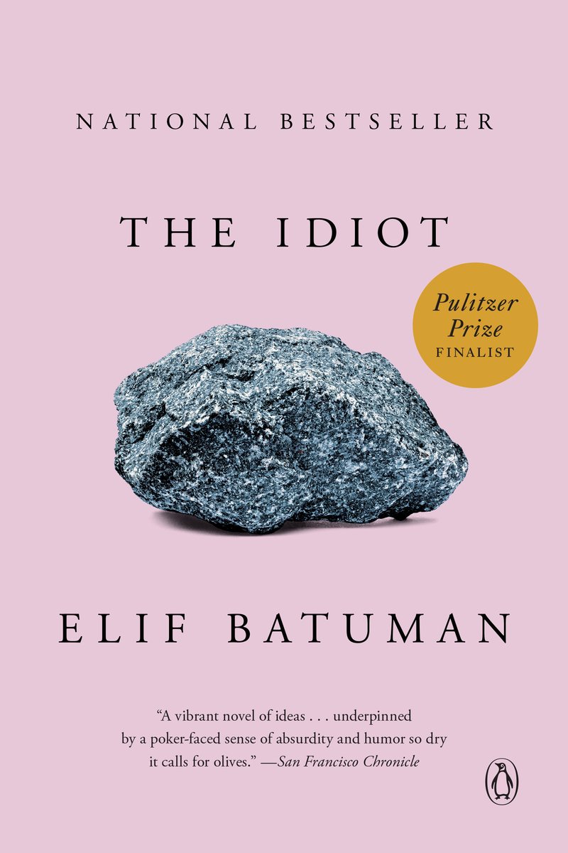 A pale pink book cover for The Idiot by Elif Batuman, depicting a small, grey, jagged rock in the centre between the title and the author's name.