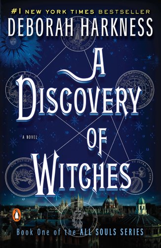 The cover of A Discovery of Witches by Deborah Harkness. There is a photo overlooking the city of Oxford, with a starry sky above it. There are archaic-looking illustrations over the sky.