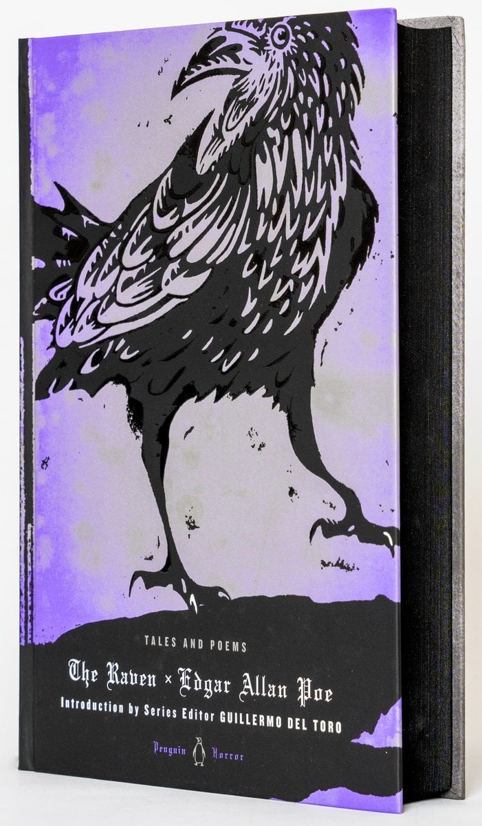 A raven on a purple background casting a shadow that looks manlike. The author's name and the title is in white at the bottom.