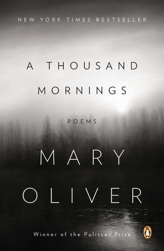 Book jacket for A Thousand Mornings by Mary Oliver. A lake with thin, tall trees without leaves is edited in a black and white ombre. A fog rolls over the river.