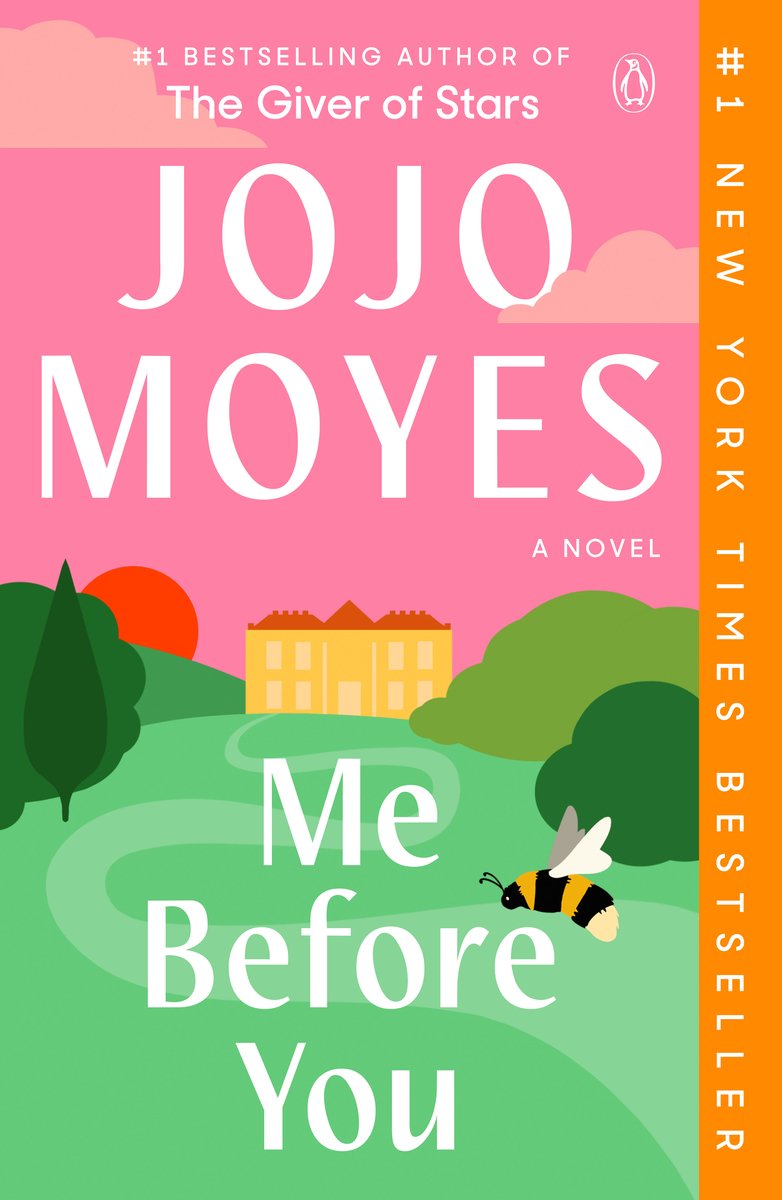 Me Before You by Jojo Moyes, a fiction book cover depicting a pink sky with a red sunset and greenery with a building in the distance, and a bee next to the title "Me Before You" written in white.