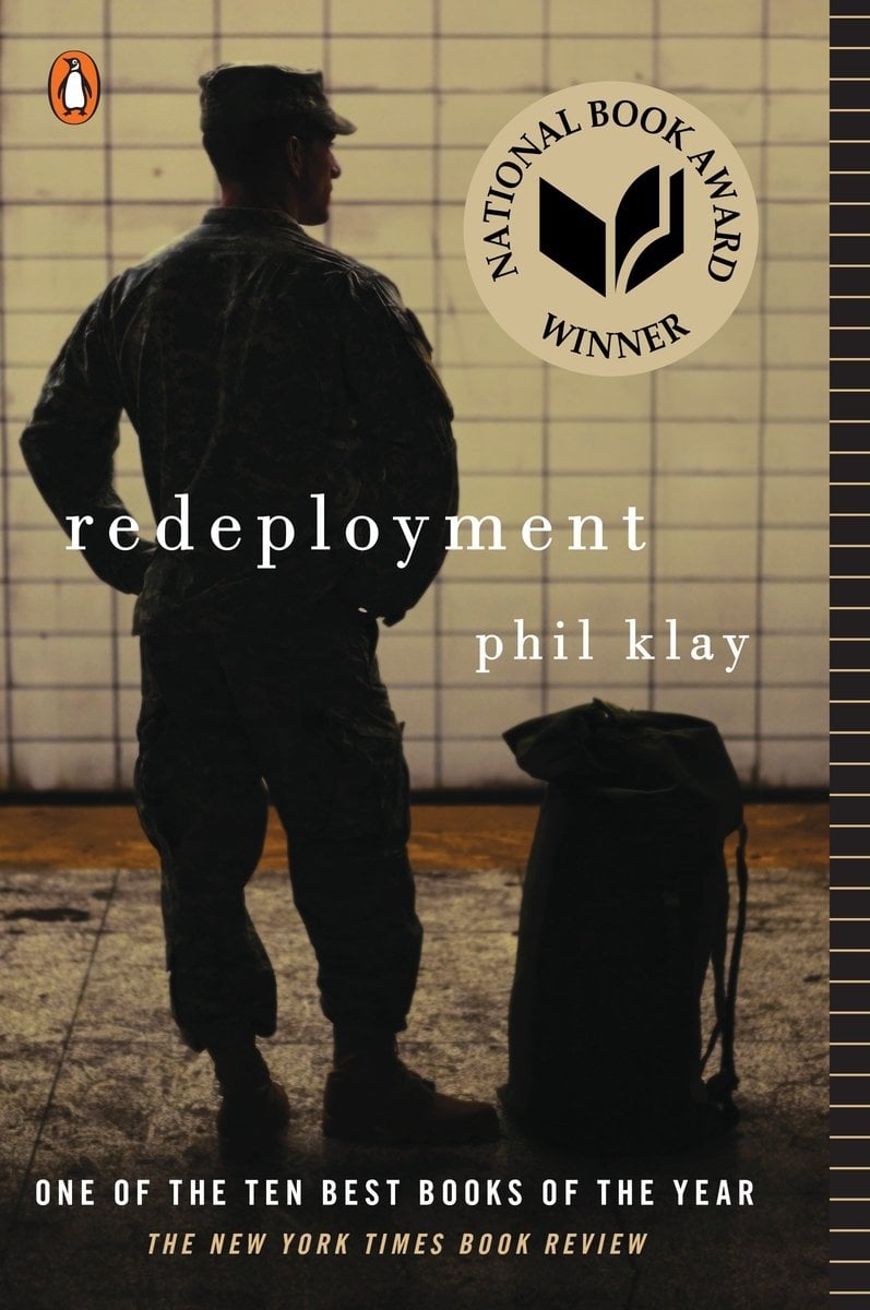 Redeployment, a novel by Phil Klay. The cover is a picture of the back of a soldier and his bag next to him.