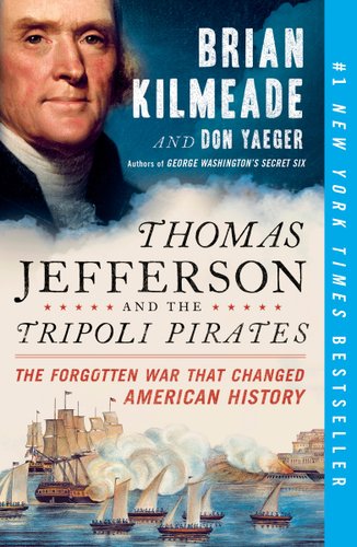 Thomas Jefferson in the top right corner with a blue background torn in half. Beneath this is an old painting of pirate ships with a beige background.
