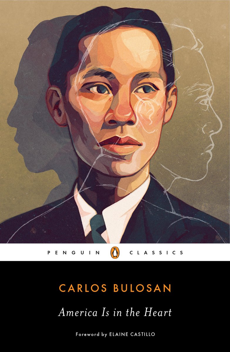 America is in the Heart by Carlos Buloson, an autobiography, book cover depicting a Filipino American man's profile looking off in the distance, whilst to his left is his shadow looking left and to his right is a white outline of himself looking right.