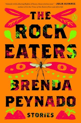 The Rock Eaters: stories by Brenda Peynado depicts an orange background with bright green details along with red drawings of wings and islands as a dragonfly sits in the middle.