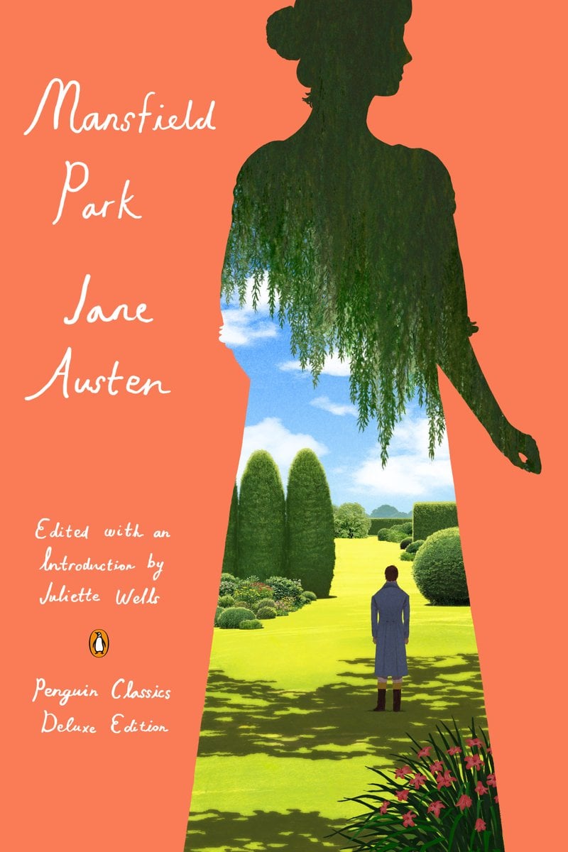The Penguin Deluxe cover of Mansfield Park by Jane Austen, with a peach colored background and the silhouette of a woman, within which there is an illustration of a garden
