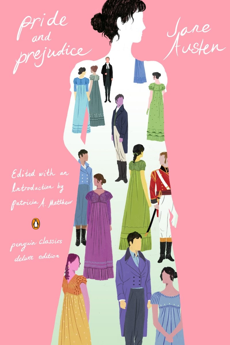 The Penguin Deluxe Edition cover of Jane Austen's Pride and Prejudice, with a pink background and the silhouette of a woman with dark hair, in which there are more illustrations of people.