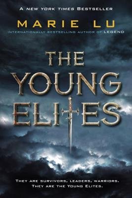 The Young Elites by Marie Lu. Book cover with storm clouds, and a sword where the t should be in elite.