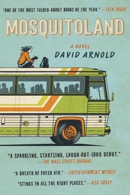 The cover of David Arnold's Mosquitoland, depicting a young girl riding on top of a bus, with a pale blue background and the title in white above her