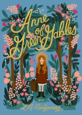 Anne of Green Gables by L. M. Montgomery, Illustrated by Anna Bond, book cover. With a solid blue background, a young redheaded girl in a red dress stands in the center with a brown suitcase. Surrounding her are drawn trees and flowers and shrubs.