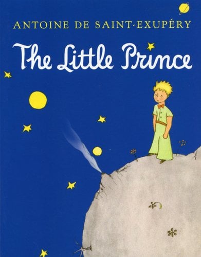 "The Little Prince" by Antoine de Saint-Exupéry book cover of a boy on a moon with flowers growing. A blue background is littered with golden stars.