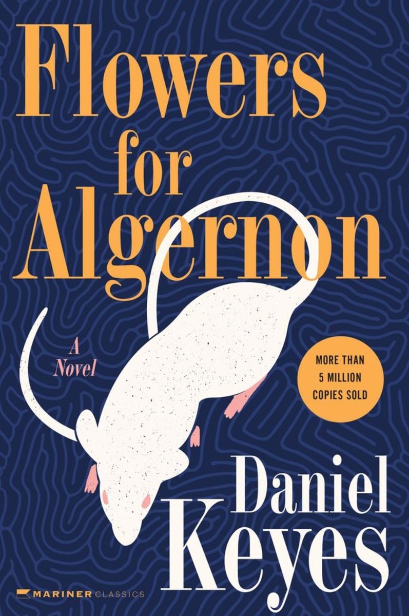 Flowers for Algernon by Daniel Keyes, science fiction novel cover depicting a blue puzzle background with a white mouse.