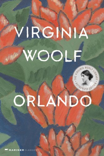 The cover of Orlando by Virginia Woolf. There is a painting of a pattern composed of red flowers with green leaves. The background is blue.