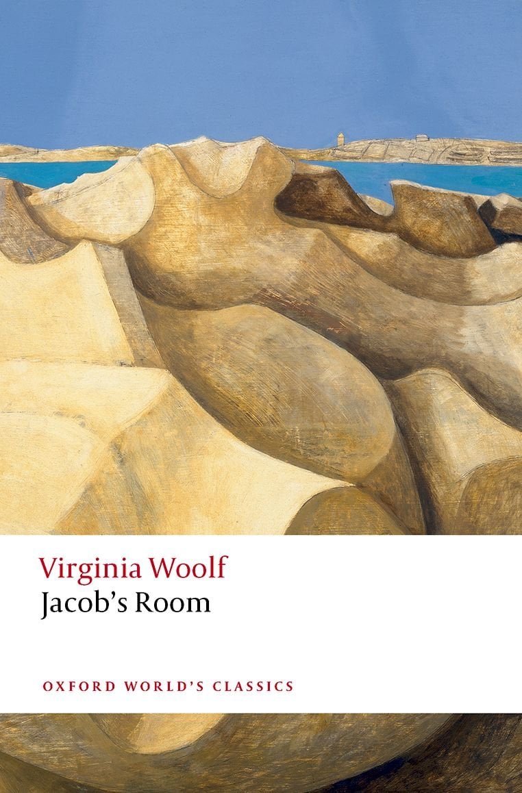the cover of Virginia Woolf's Jacob's Room, with a painting of sand dunes and ocean in the distance as the cover