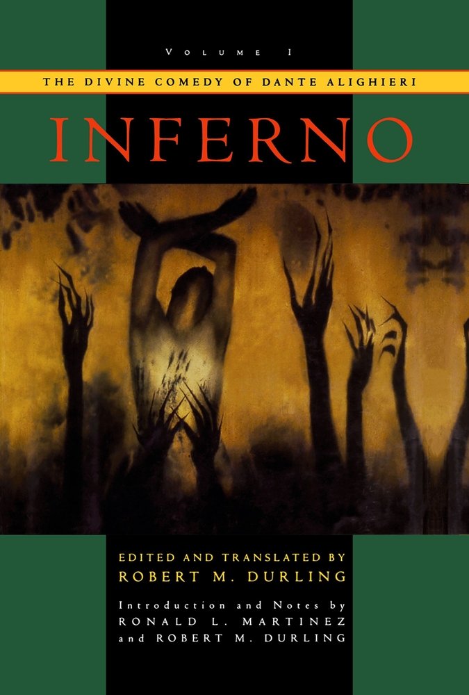 Cover of "Inferno" by Dante Alighieri. Silhouettes of hands and a body are in black. Green outlines the left and right, with a black stripe in the middle.