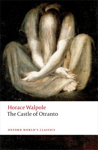 The Castle of Otranto by Horace Walpole book cover. A painted figure with long straight hair sits cross legged, slumped over, with arms crossed and the backs of their hands resting on their feet.