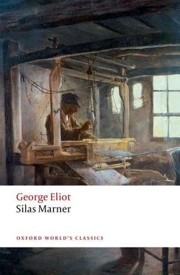 Silas Marner, by George Eliot, book cover depicting an older man in a workshop. He sits in front of an old fashioned weaving loom.