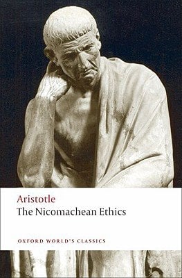 The Nicomachean Ethics by Aristotle, a philosophical book cover. A statue of Aristotle looking pensive in his toga with his hand resting on the side of his face.