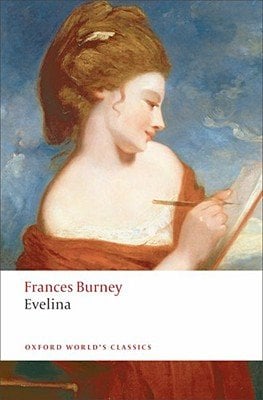 Evelina by Frances Burney, a historical fiction book cover depicting a brown haired woman with her hair up, wearing a red off-the-shoulder gown, writing with a pencil.