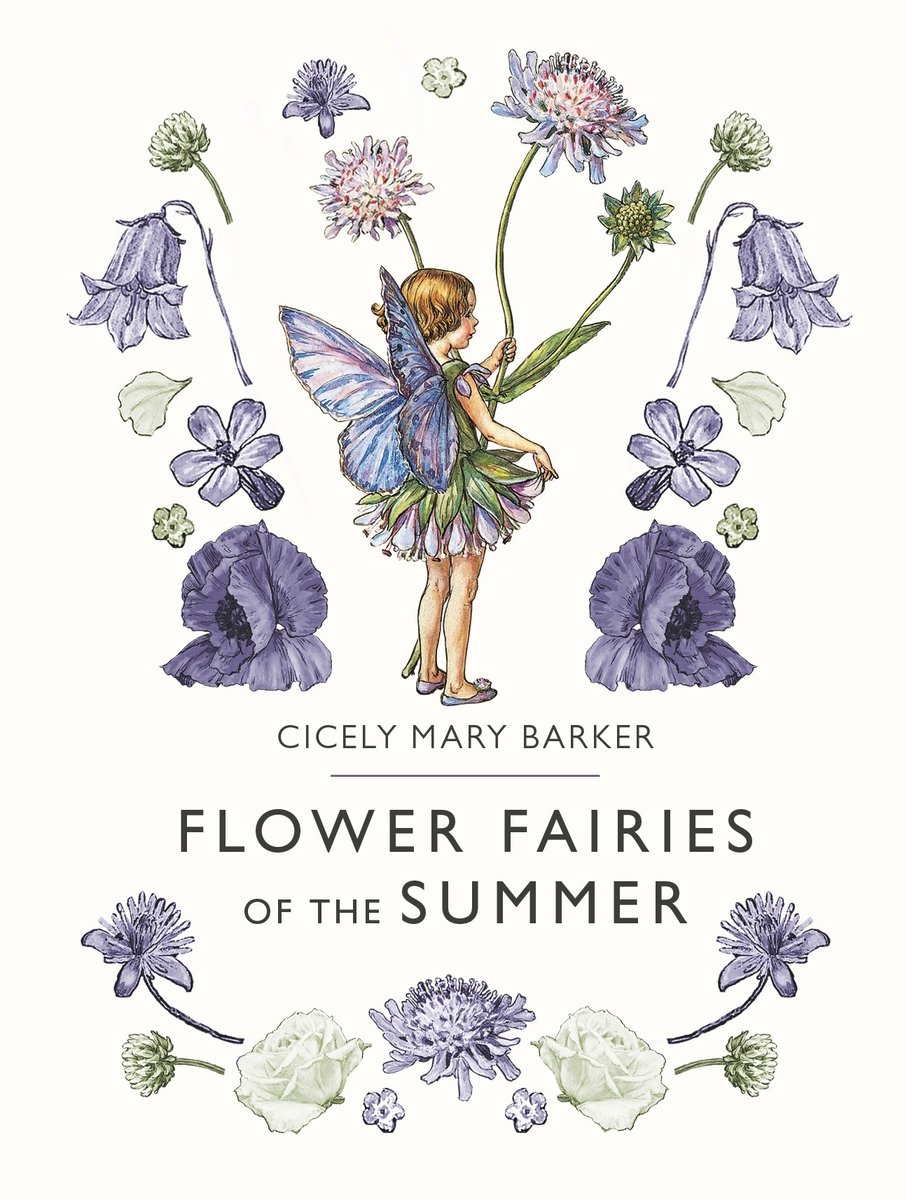 Flower Fairies of the Summer by Cicely Mary Barker. A children's illustrated book depicting a small girl fairy with purple-blue wings and a green petal dress, standing with her back to us. She has short golden brown hair and is holding the long stem of a lilac flower in her left hand. Other types of purple flower decorate the simple, white background.