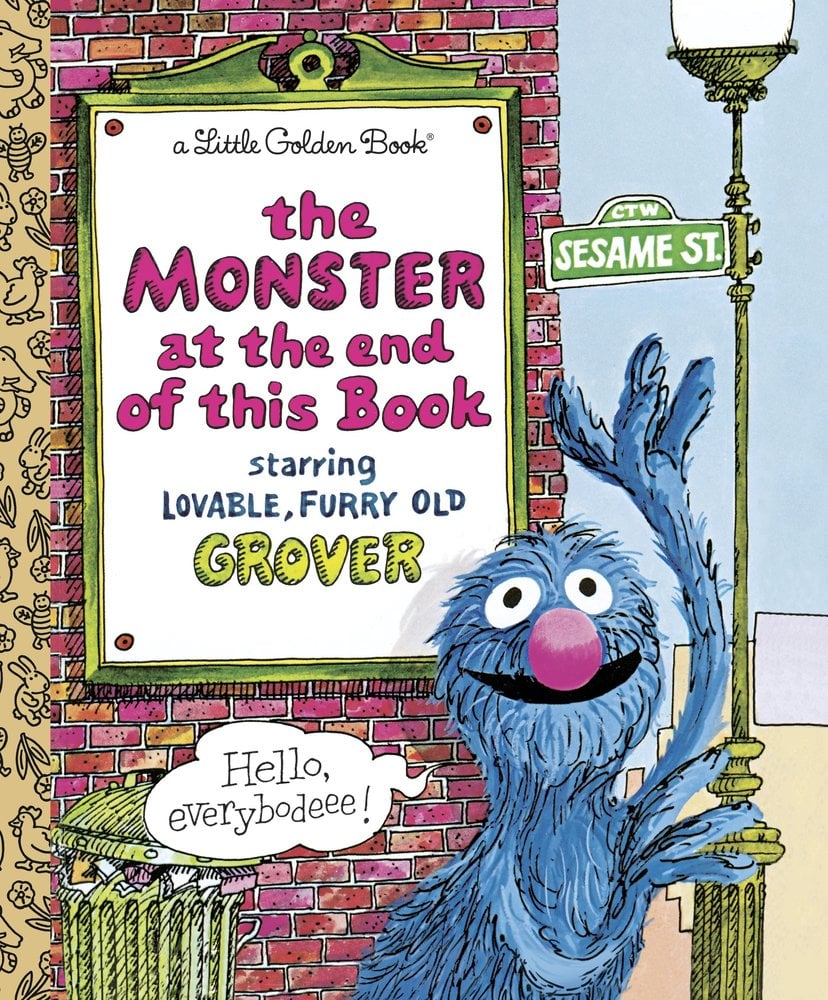 The Monster at the end of this Book, a children's picture book cover illustrated with Grover, the blue muppet, in Sesame Street.