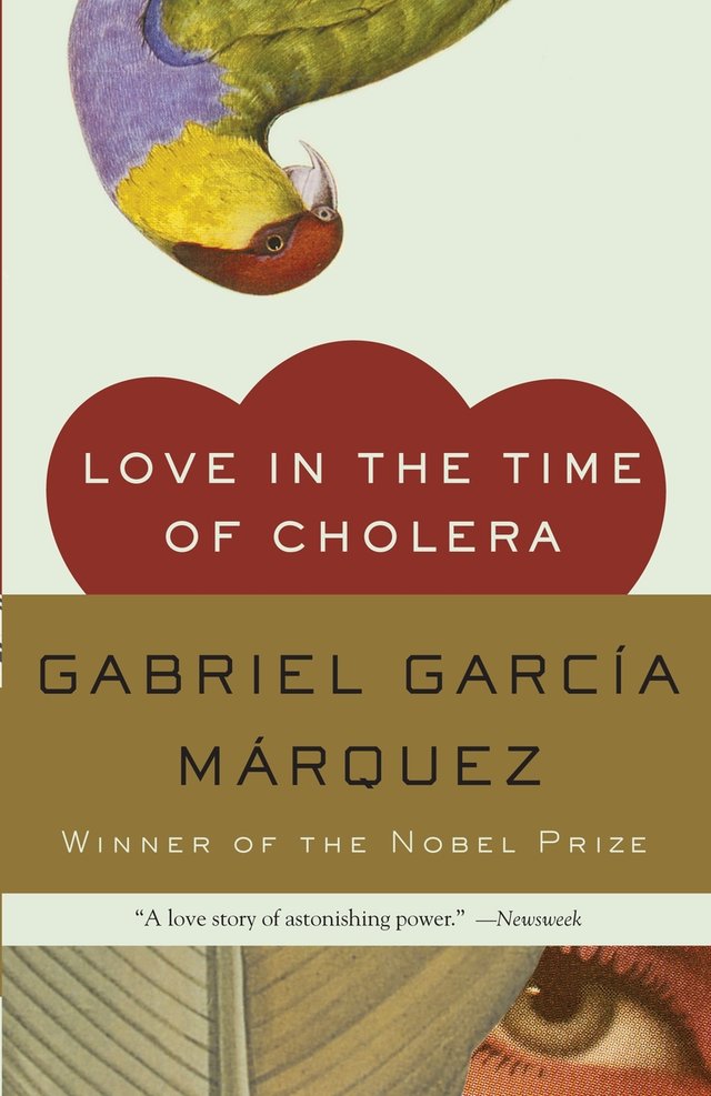Love in the Time of Cholera by Gabriel García Márquez, book cover. Abstract design, a parrot is peeking at the viewer upside down from the top of the cover, and a person's eye is looking towards the viewer from behind a leaf at the bottom of the cover.