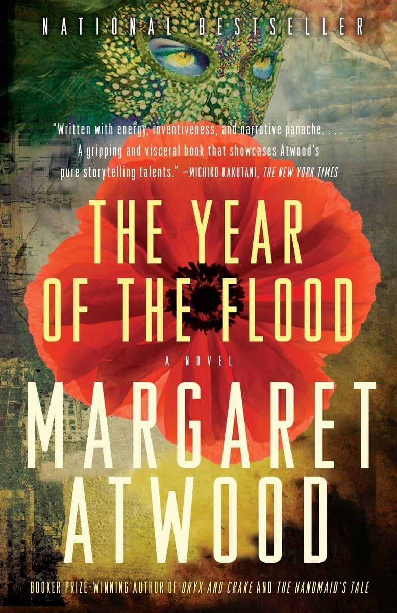The Year of the Flood by Margaret Atwood speculative fiction book cover depicts a collage of color, a person wearing a blue and yellow face mask, and a distinct red poppy in the center.