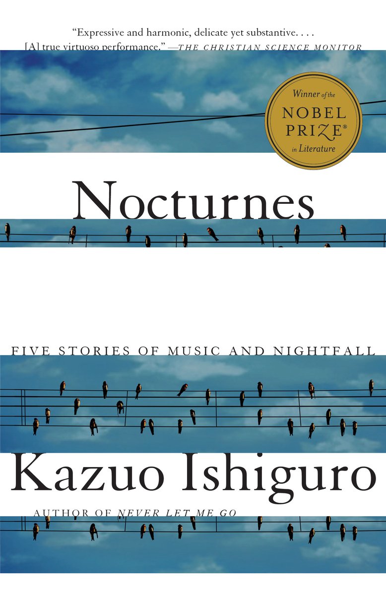 Nocturnes by Kazuo Ishiguro, book cover depicting birds sat on a musical score line.