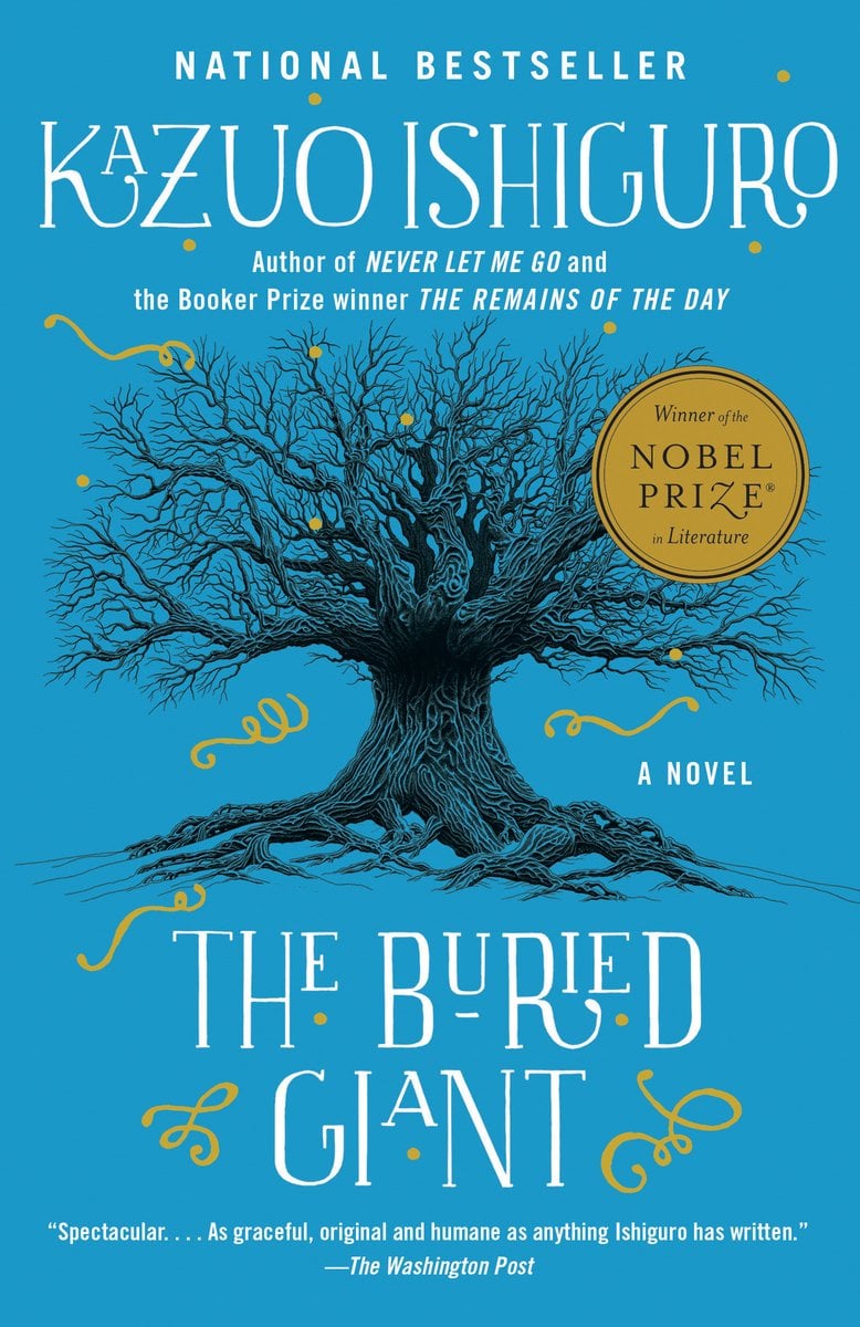 The Buried Giant by Kazuo Ishiguro, blue book cover featuring a tree and gold spirals around the title.