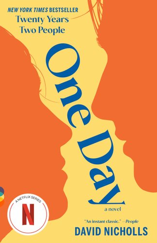 Book cover for One Day showing two large color blocks with yellow running in waves through the orange block.